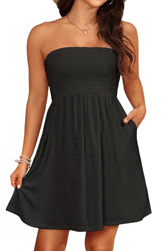 Yonique Women Terry Cloth Cover up - Strapless Beach Cover Up Tube Top with Pockets Black M
