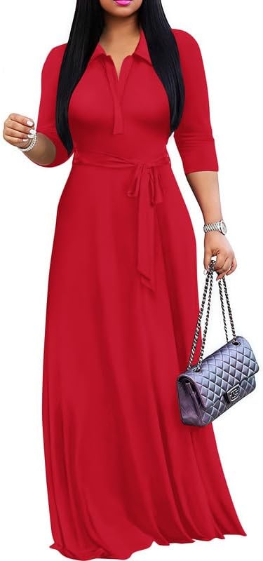 Maxi Dresses for Women Casual V Neck 3/4 Sleeve Long Church Dress Semi Formal Outfits with Pockets