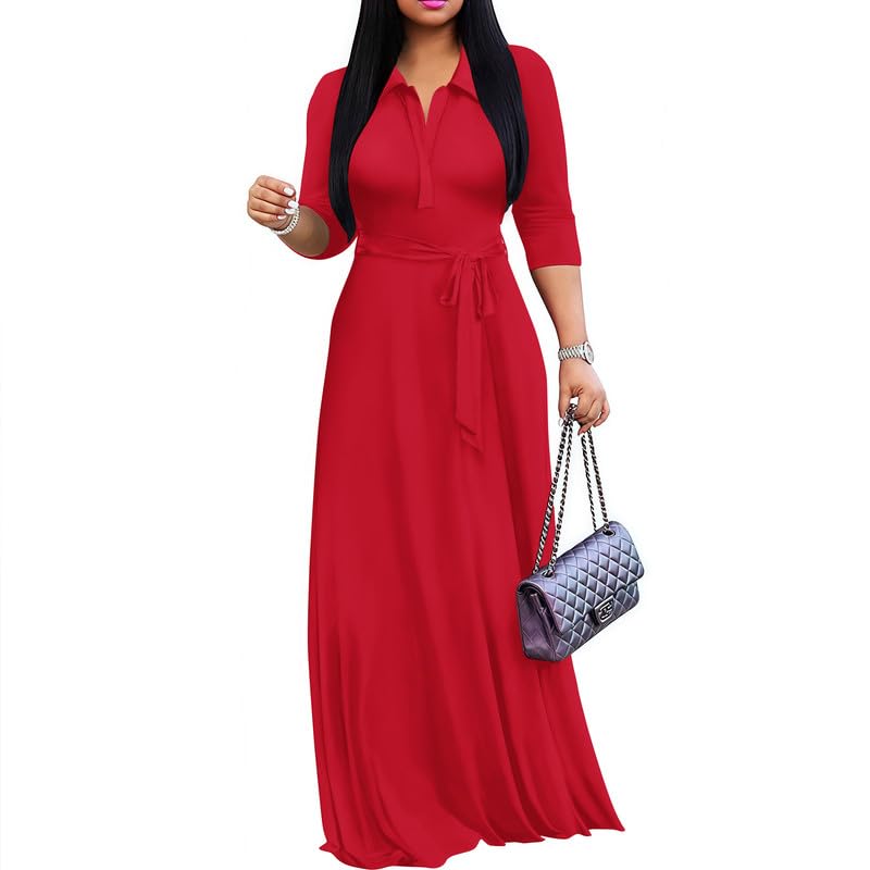 Maxi Dresses for Women Casual V Neck 3/4 Sleeve Long Church Dress Semi Formal Outfits with Pockets