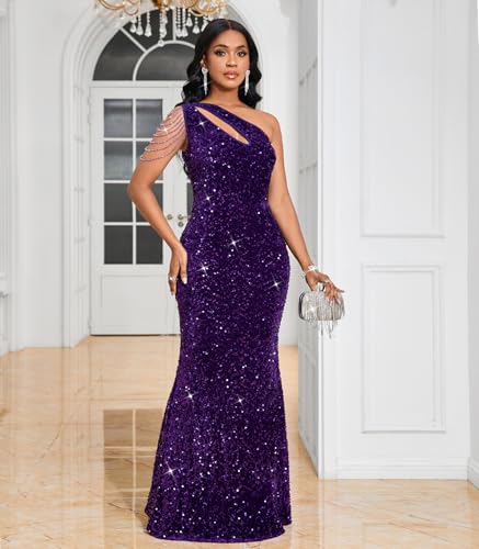 Image of Cololura Women Sequin Elegant Sexy One Shoulder Tassel Mermaid Bodycon Cocktail Evening Dress