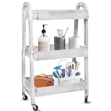 3-Tier Wooden Rolling Cart- Wooden Utility Cart wit Wheels- Utility Rolling Cart-Storage Trolley Organizer- Rolling Kitchen Serving Cart for Office,Kitchen, Kids' Room (Retro White)