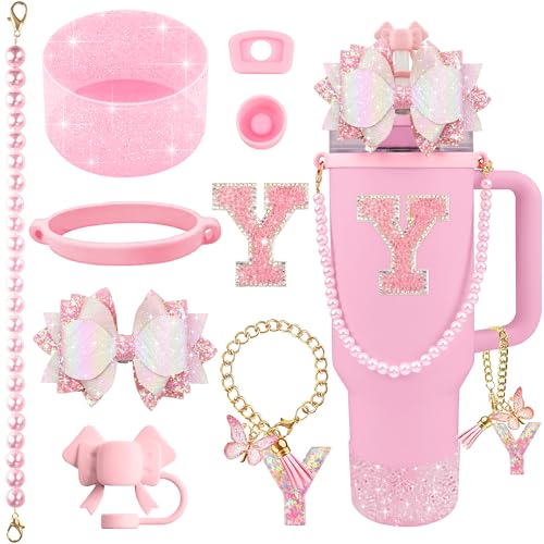 Hpebl 9PCS Pink for Stanley Cup Accessories Set Bling Initials Bow Charms for Stanley Decorations 30/40 Oz Tumbler Accessories Including Bow Straw Topper, Handle Strap, Spill Stopper（Letter Y） - image 1