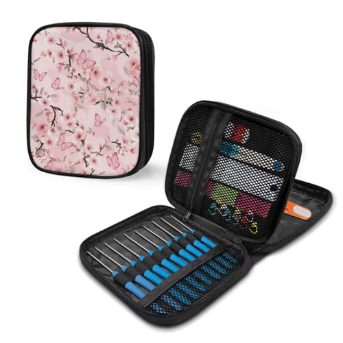 Image of Crochet Hook Case Pink Floral Crochet Hook Holder Portable Crochet Hook Storage Bag with Web Pockets Suitable for Crochet Needles /Knitting Accessories