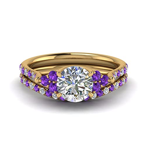 Image of Choose Your Gemstone Round Cut Petite Cathedral Wedding Ring Set Yellow Gold Plated Round Shape Wedding Ring Sets Matching Jewelry Wedding Jewelry Easy to Wear Gifts US Size 4 to 12