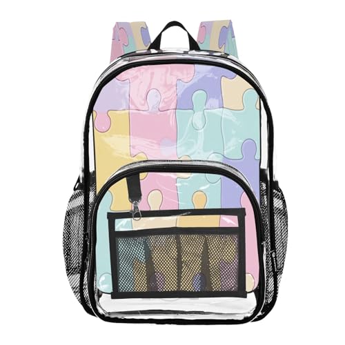 Pastel Colored Puzzle Pattern Clear Backpack - Stadium Approved Large 15.7-inch Waterproof Transparent Bag for Sports, Concerts, Work, Travel#370