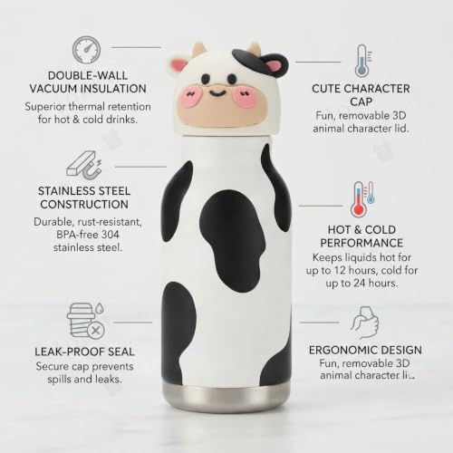 Image of JOUET 450ml Stainless Steel Kids Water Bottle with Cute Cow Character Lid, Leakproof Drinking Bottle for School, Travel, Sports & Everyday Use