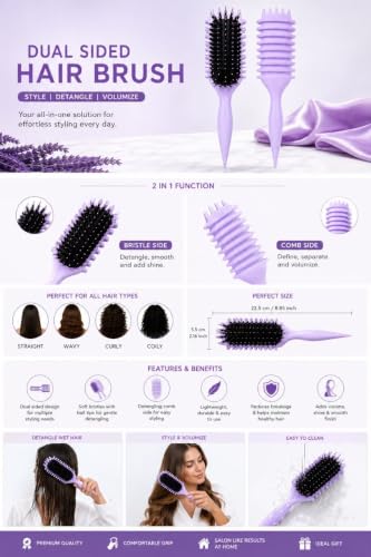 Image of Premium 3D Detangling Hair Brush for Women & Men- Anti Hair Fall Comb for Curly, Wavy & Straight Hair | Hair Straightening Brush, Wet & Dry Styling Brush | Scalp Massager, Frizz Control & Tangle Free Grooming Brush (PADDLE PURPLE)
