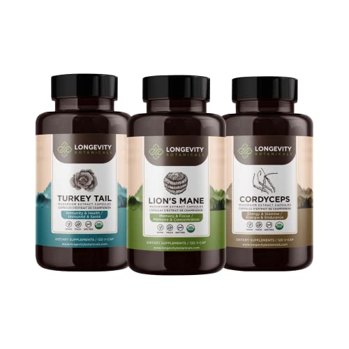 Longevity Botanicals Turkey Tail + Lions Mane + Cordyceps Mushroom Extract Capsules Overall Immunity Bundle #TOP6
