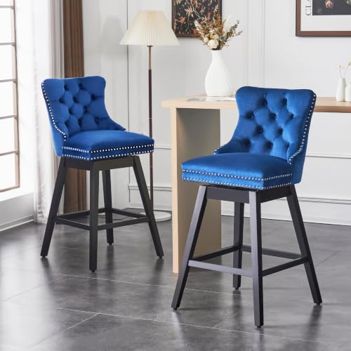 Image of Blue Swivel Bar Stools, Velvet Counter Height Bar Stools Set of 6