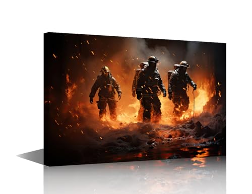 Toile murale pompiers noir et blanc, idée cadeau idéale avec cadre en bois prêt à offrir