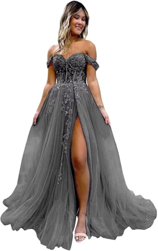 Women's Tulle Prom Dresses Lace Appliques Long Ball Gowns Strapless High Split Evening Dresses 2025