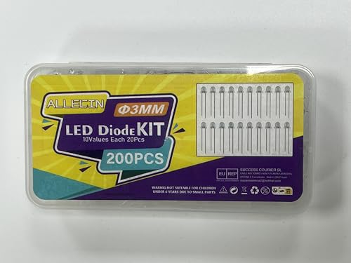 ALLECIN 200Pcs 3Mm Led Diodo Luz Sortido Kit 10 Cores Branco Vermelho Verde Azul Amarelo Branco Quen