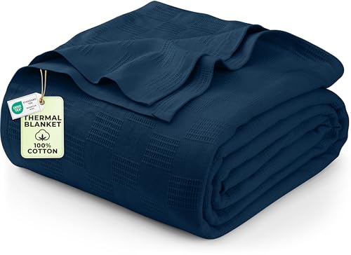 Utopia Bedding Navy 100% Cotton Blanket [Queen Size - 90x90 Inch] 350GSM Lightweight, Soft and Breathable Thermal Blanket for All Seasons