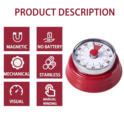 Mechanical Kitchen Timer, Eco-Friendly No Batteries Needed Magnetic 60-Minute Visual Countdown Alarm Clock for Cooking, Study, Games, Office (Red) - Thumbnail 3