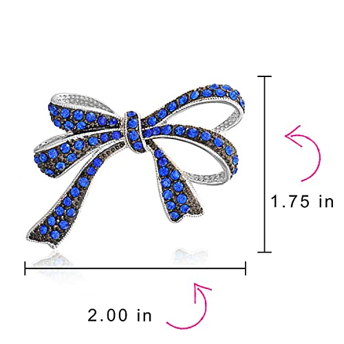 Image of Bling Jewelry Winter Holiday Blue White Glittering Crystal Bridal Fashion Large Statement Ribbon Scarf Bow Brooch Pin For Women Rose Gold or Silver Plated