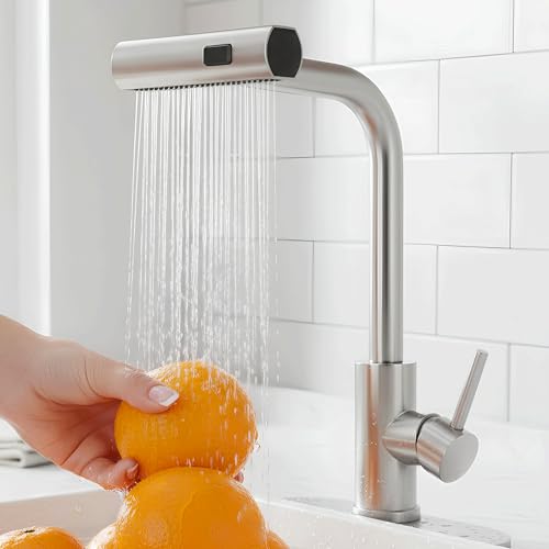 Aishini Waterfall Kitchen Faucet (SSV5) صنابير خلاط المطبخ with Pull Out Sprayer 3 Spray Modes Stainless Steel 304 High Pressure 360 Swivel Kitchen Sink Mixer High Arc Single Hole Sink Tap