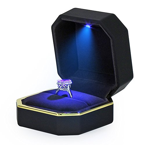 AVESON Luxury Ring Box, Square Velvet Wedding Ring Case Jewelry Gift Box with LED Light for Proposal Engagement Wedding, Black by AVESON - Image 3