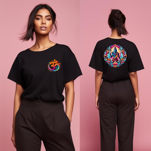 Image of prabhu bhakti Women's Oversized Lord Shiva Printed Black T-Shirt | Back Print Drop Shoulder Pure Cotton Oversized Tshirt for Girls & Women