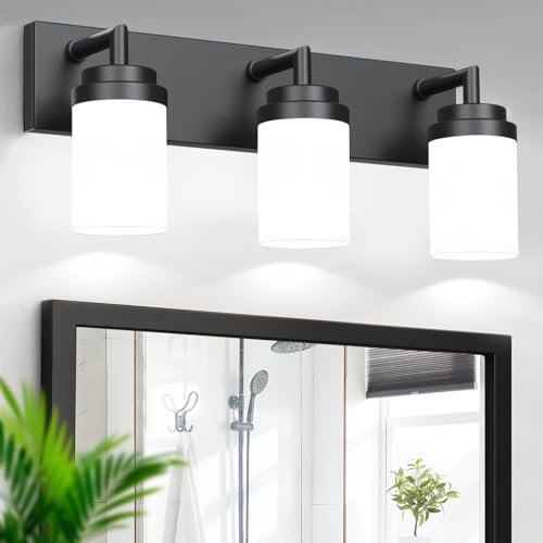 Image of Bathroom Light Fixtures, Matte Black Bathroom Lighting Fixtures Over Mirror, Modern Vanity Light with White Glass Shade, Restroom Lighting Fixtures, 3-Light 22-inch