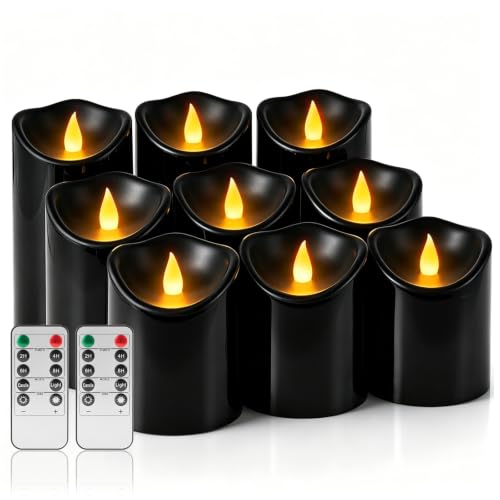 Image of Flameless Candles 4 inch 5 inch 6 inch Set of 9 Outdoor Indoor Pillars Battery Operated Flickering Candles Include 8-Key Remote Timer Function Black Fake LED Candles for Wedding, Aniversary,Christmas Decor