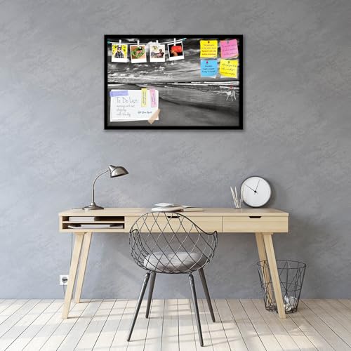 Image of ArtzFolio Sea, Air, & Land Monochrome Contrast | Bulletin Board Notice Pin Board | Vision Soft Board Combo with Thumb Push Pins & Sticky Notes | Black Frame | 30 x 20 inch (76 x 51 cms)