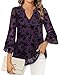 Furnex Bell Sleeve Tops for Women Ladies Blouses and Tops Dressy 3/4 Sleeve Blouses for Women Business Casual Elegant Evening Flowy V Neck Shirts Vacation Attire Lightweight Outfit Purple Floral M