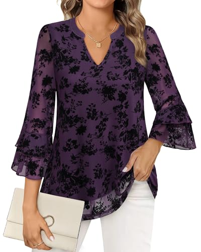 Womens Blouses Dressy Casual 3/4 Tiered Bell Sleeve Tops Double Layered Mesh V Neck Shirts2