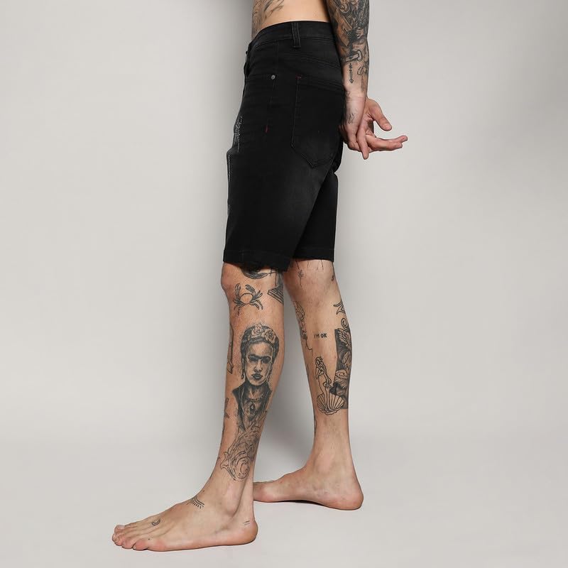 Image of CAHOOT Men's Side-Striped Denim Shorts for Casual Wear | Dark-Wash | Regular Fit | Button Closure | Denim Shorts Crafted with Comfort Fit for Everyday Wear