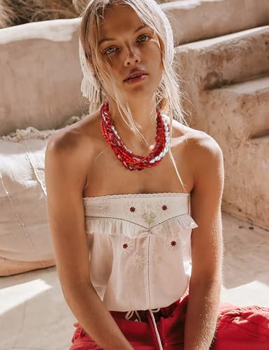 WOWORAMA Layered Choker Collar Necklace for Women Red Coral Beads Multi-Layer Statement Necklace Adjustable Chunky Layered Acrylic Choker Necklaces Trendy Jewelry