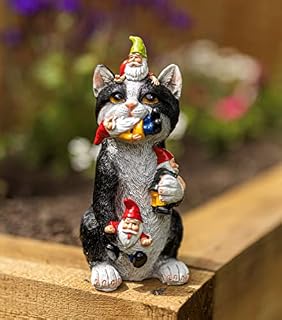 garden mile Resin Gnome Eating Cat Ornament Colourful Outdoor Indoor Decoration for Home Patio Decking Pondside Flower Bed Standing Novelty Weatherproof Kitten Cat Statue Garden Gnome Figurine