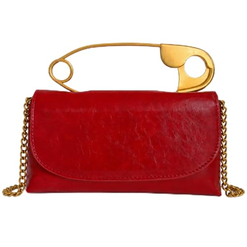 Image of Women's Small Soft Pin Shaped Vegan Leather Crossbody Purse Bag with Gold Metallic Handles & Chain