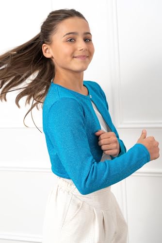 Image of BOLEROSE Girls Sparkle Long Sleeve Bolero | Open Front, Heart Diamante Button, Glitter Thread, Cropped Length, Ribbed Cuffs, Won't Shed or Flake, Ages 3-14