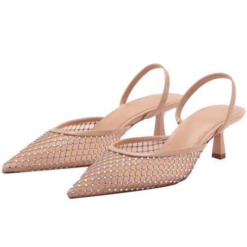 YIYA Women's Beige Sparkly Rhinestone Mesh Kitten Heels Closed Pointed Toe Slingback Mid Heels Slip On Wedding Dress Pumps Shoes