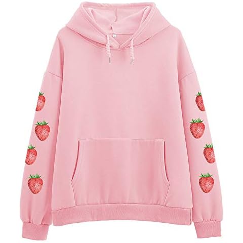 KEEVICI Women's Cute Sweatshirt Strawberry Sleeve Printed Cotton Warm Hoodie with Pocket (Pink,S) Cover