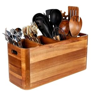 Wooden Kitchen Utensil Holder Organizer for Counter or Countertop, Large Wooden Utensil Holder for Storage Cooking and Silverware with 4 Compartment, Acacia Rustic Wood Container Extra Large