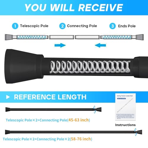 Image of Shower Curtain Rod Black Tension Rod 45 to 77 Inch 2PCS Spring Curtain Rod Shower rod Non Slip shower curtain rod 1pcs for Windows No Drilling Adjustable Tension Rods of Curtain Window Closet Kitchen