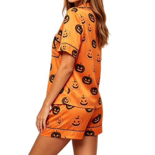 Image of Women Holiday Satin Pajamas Short Sleeve Shirts Shorts Set 2pc Loungewear