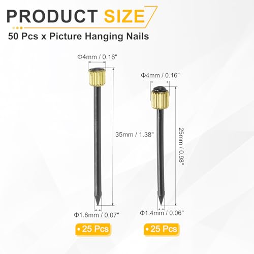 Image of uxcell 50Pcs Picture Hanging Nails, 2 Sizes Iron Decorative Hangers Reusable Hardware Tool for Hanging Pictures Mirrors Baskets, Gold & Black
