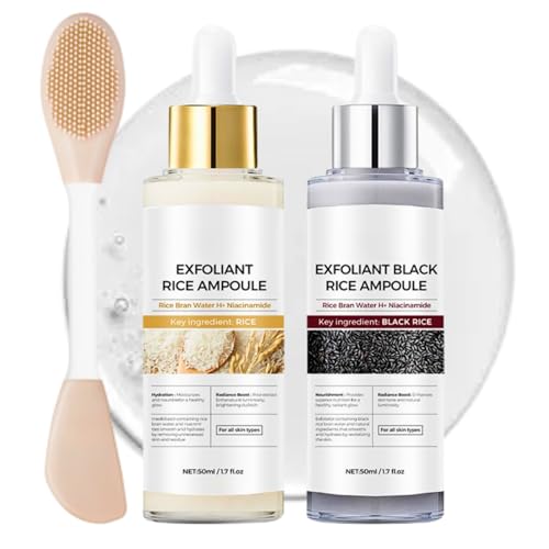 Peel Shot Glow Rice Ampoule Duo with Silicone Facial Brush, White Rice & Black Rice Exfoliating Face Scrub Exfoliator, Gentle Facial Exfoliator & Pore Cleaner, Rice Face Wash for Smooth Skin -50ml*2