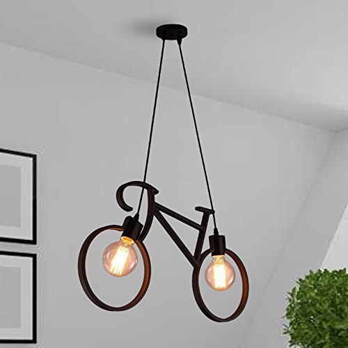 Image of Bicycle Pendant Light Fixture, Industrial Vintage Bike Chandelier, Retro Iron Hanging Ceiling Lamp with 2 E26 Sockets for Kitchen Island, Dining Room, Bar, Coffee Shop, Restaurant (Bulbs Not Included)
