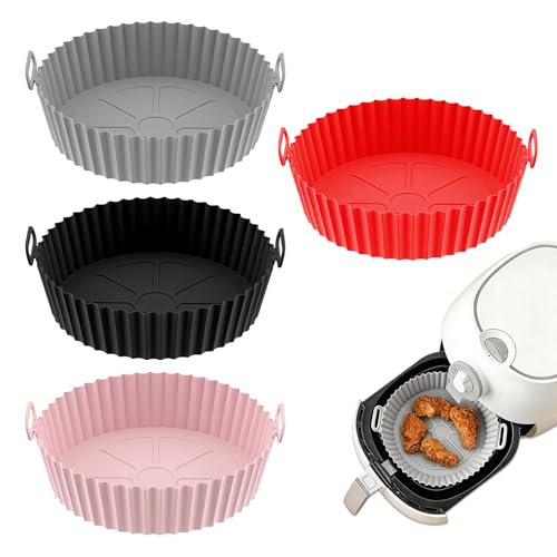 4 Piezas Molde Silicona Freidora de Aire 20 cm, moldes silicona air fryer, Bandeja Redonda para Freidora de Aire Reutilizable, para Freidora de Aire, Horno, Horno microondas (4 colores)