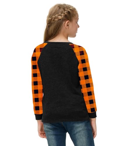 Image of Remimi Girls Thanksgiving Shirts Buffalo Plaid Raglan Tee Cute Turkey Holiday Party Long Sleeve Tshirt 5-14 Years