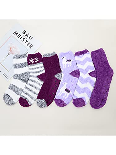 Century Star Anti Slip Athletic Plush Slipper Grip Socks Women Yoga Pilates Soft Warm Cozy Socks For Christmas 6 Pairs Purple Set (Non-Slip) One Size #TOP1