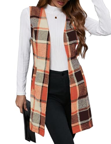 IDEALSANXUN Long Plaid Vest for Women Fall Winter Trench Coat Sleeveless Blazer Jacket Cardigan Wool Vest Top Waistcoat