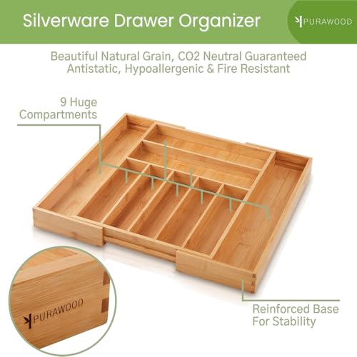 Purawood Bamboo Drawer Organizer - Expandable Silverware Organizer & Utensil Drawer Organizer, Cutlery Tray with Dividers, 7-9 Slots- Kitchen Organizer for Utensils & Flatware (Natural) - Image 5