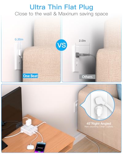 10Ft Extension Cord with Multiple Outlets, Flat Plug Surge Protector Power Strip 10 Ft Long Cord, 8 Outlets & 4 USB Ports (2 USB C), 900J Desk Charging Station for Home Office, College Dorm Essentials