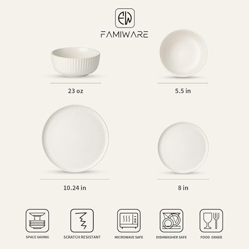 Image of Famiware Starlight 12-Piece Plates and Bowls Sets for 4, Stoneware Dinnerware with Ribbed Textured, Handcrafted Reactive Glaze Dishes - Dishwasher & Microwave Safe, Chip /Scratch Resistant, Matte White