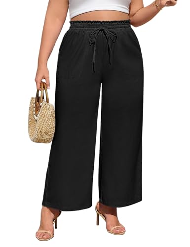 PASUDA Pantalon Femme Été Fluide Pantalons Lin Grande Taille Pantacourt Taille Haute Elastique Jambe Large Ample Léger Décontractée Longueur Pants Chic et...