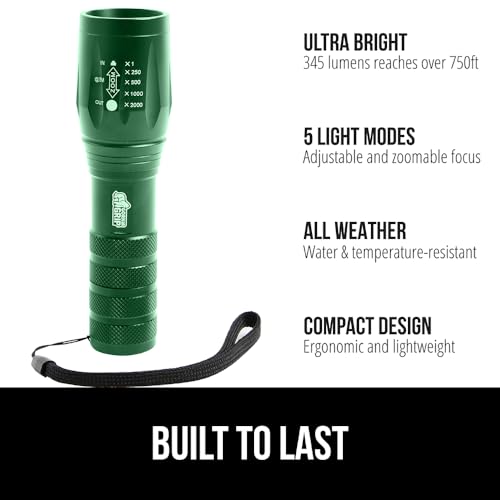 GORILLA GRIP Powerful LED Tactical Flashlight, 750 FT High Lumens 5 Adjustable Modes, Water Resistant, Ultra Bright Zoom Flashlights, Small Mini Flash Light, Camping, Night Dog Walking, Green