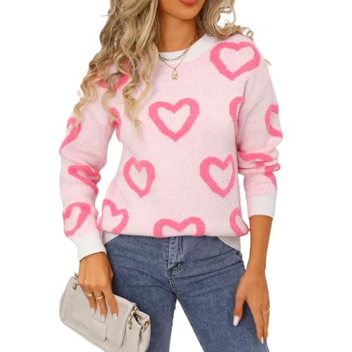 Heart Sweater for Women Valentines Cute Print Crewneck Long Sleeve Oversized Love Sweaters Knit Pullover Tops (Creamy Pink, M)